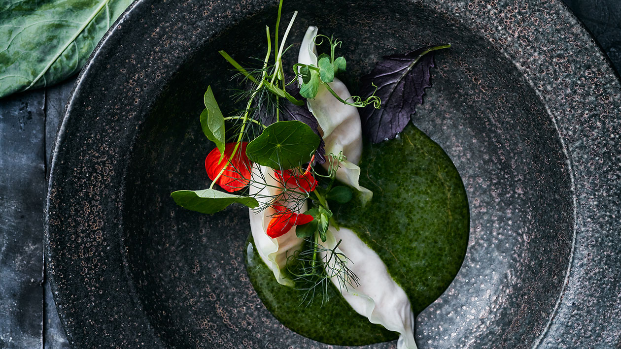 Koolrabi gyoza, met gerookte forel en jus van groene appel met lavas Koolrabi gyoza, met gerookte forel en jus van groene appel met lavas
